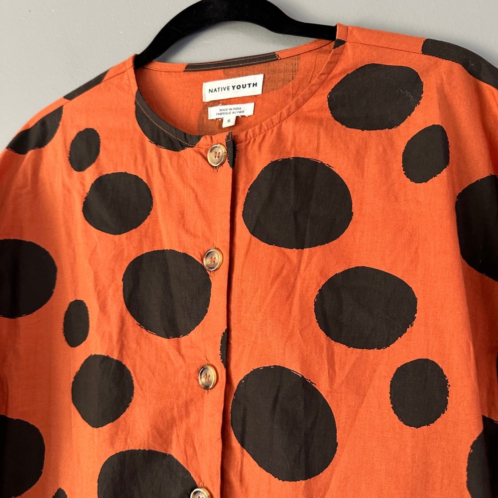 Native Youth Orange + Black Spotted Bubble Sleeve Oversized Top SMALL - Picture 2 of 7